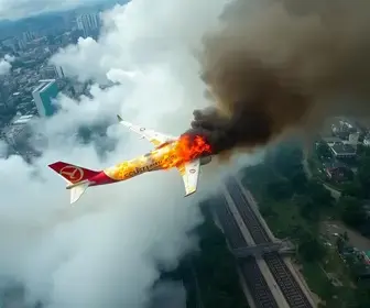 avião em chamas sobre trilhos do metrô de BH